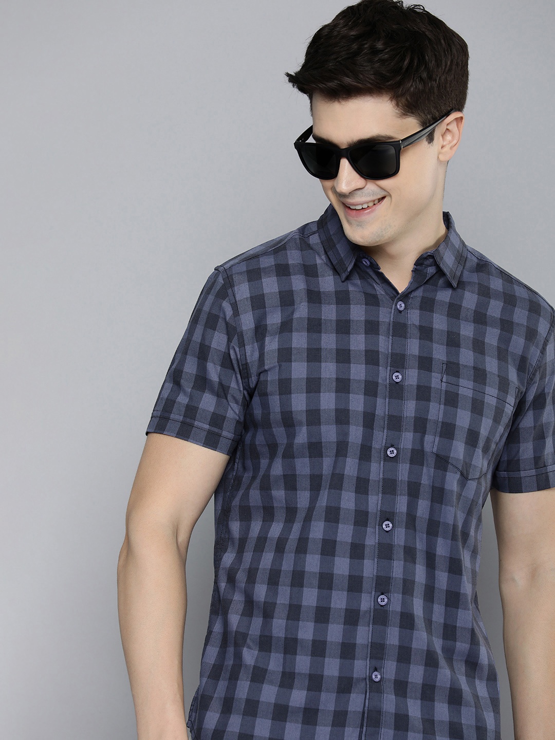

HERE&NOW Men Slim Fit Buffalo Checks Casual Shirt, Blue