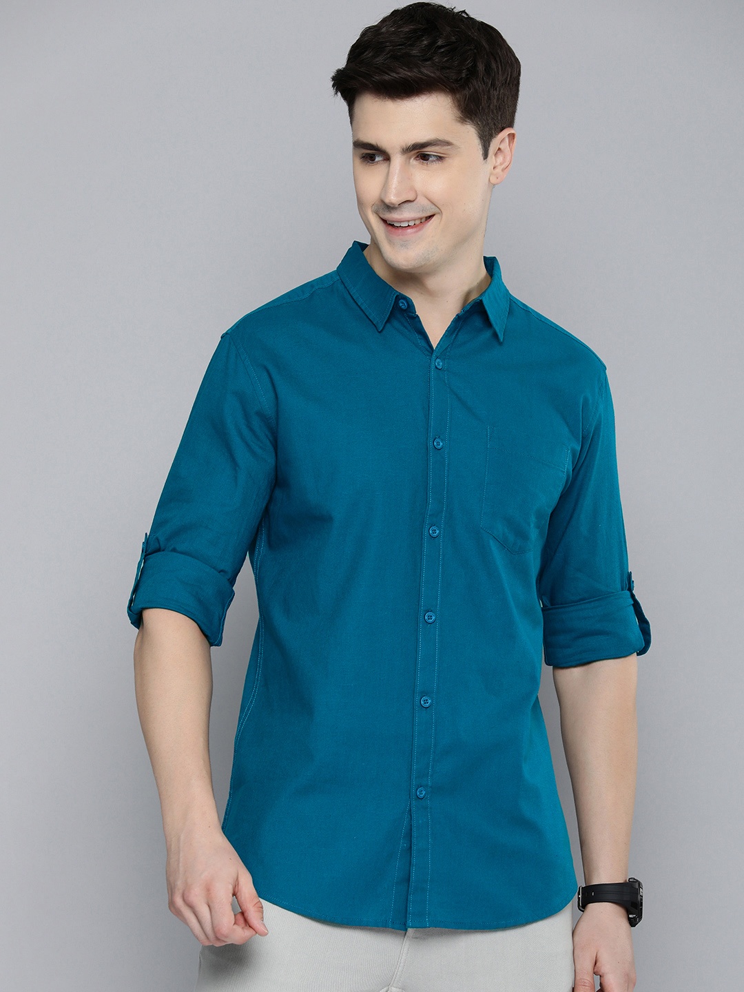 

HERE&NOW Men Slim Fit Opaque Casual Shirt, Turquoise blue