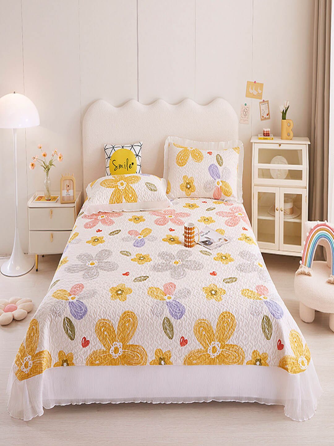 

JC Collection White & Yellow Printed Double XL Bed Cover With 2 Pillow Covers