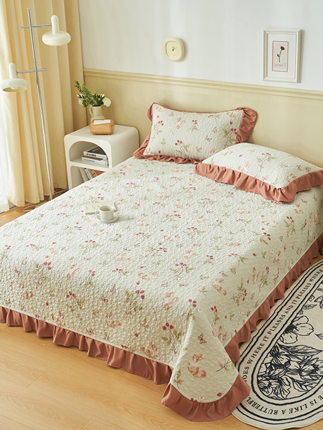 

JC Collection White & Pink Floral Printed 162 TC Single Bedcover & 1 Pillow Cover