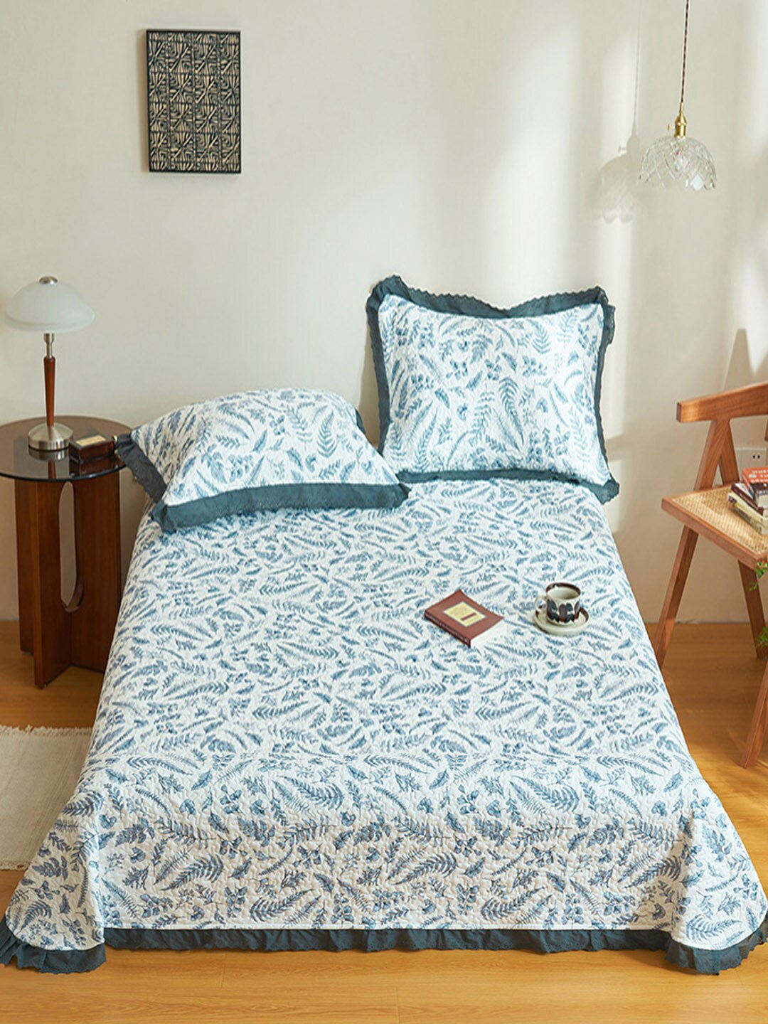 

JC Collection White & Blue Printed 162 TC Queen BedCover With 2 Pillow Covers