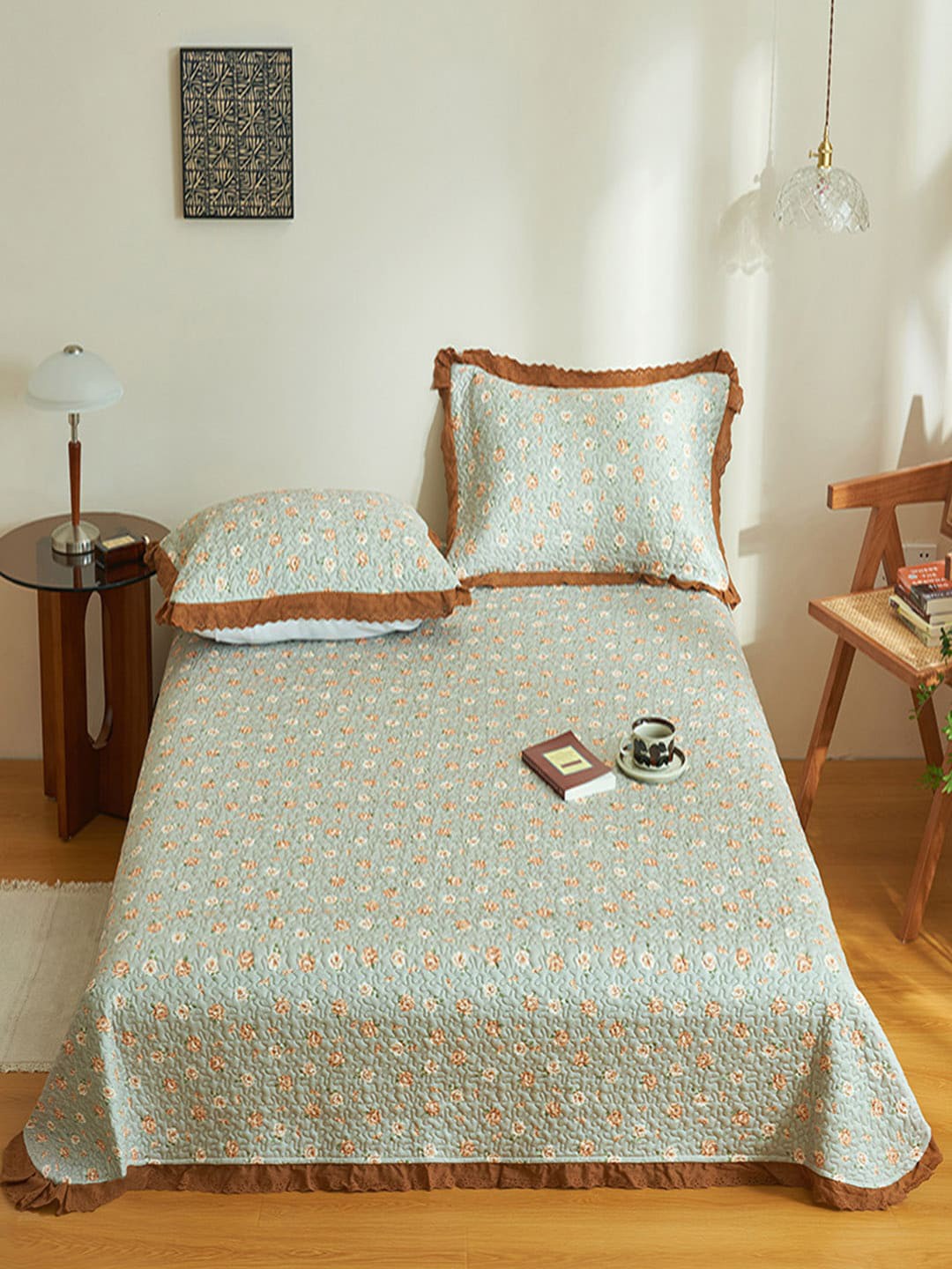 

JC Collection Brown Printed Single Bed Cover With 2 Pillow Covers, Grey
