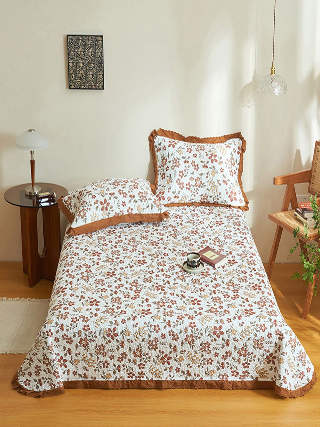 

JC Collection White & Brown Flower Printed 162 TC Queen BedCover With 2 Pillow Covers