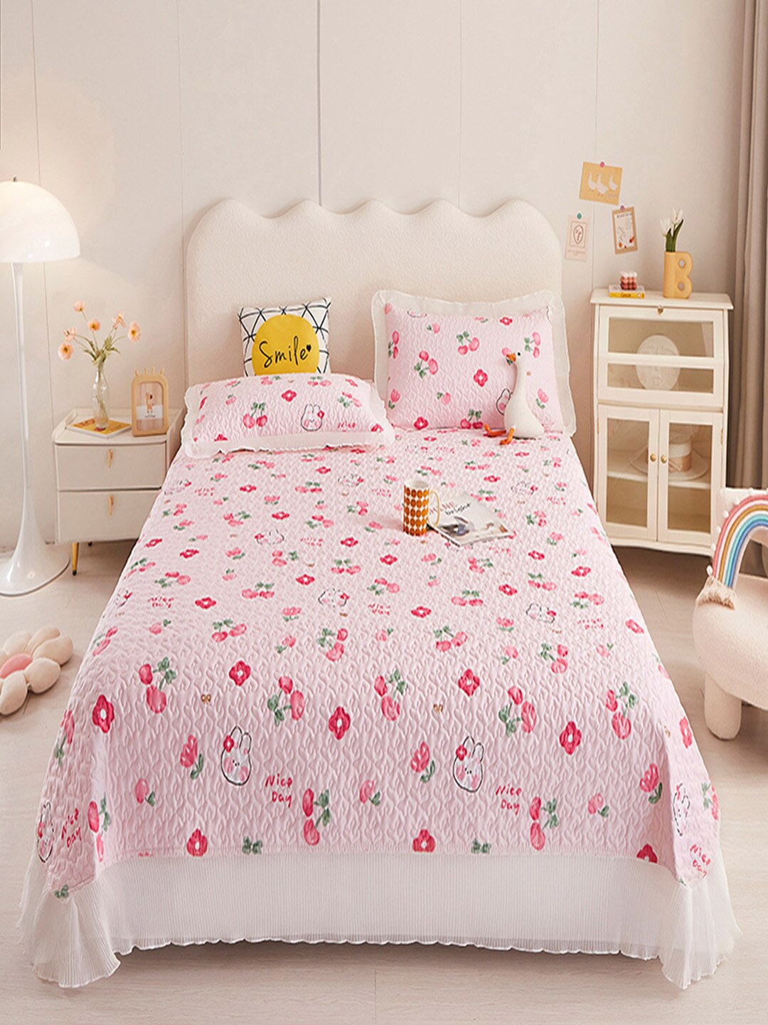 

JC Collection Pink Printed Double King BedCover With 2 Pillow Covers