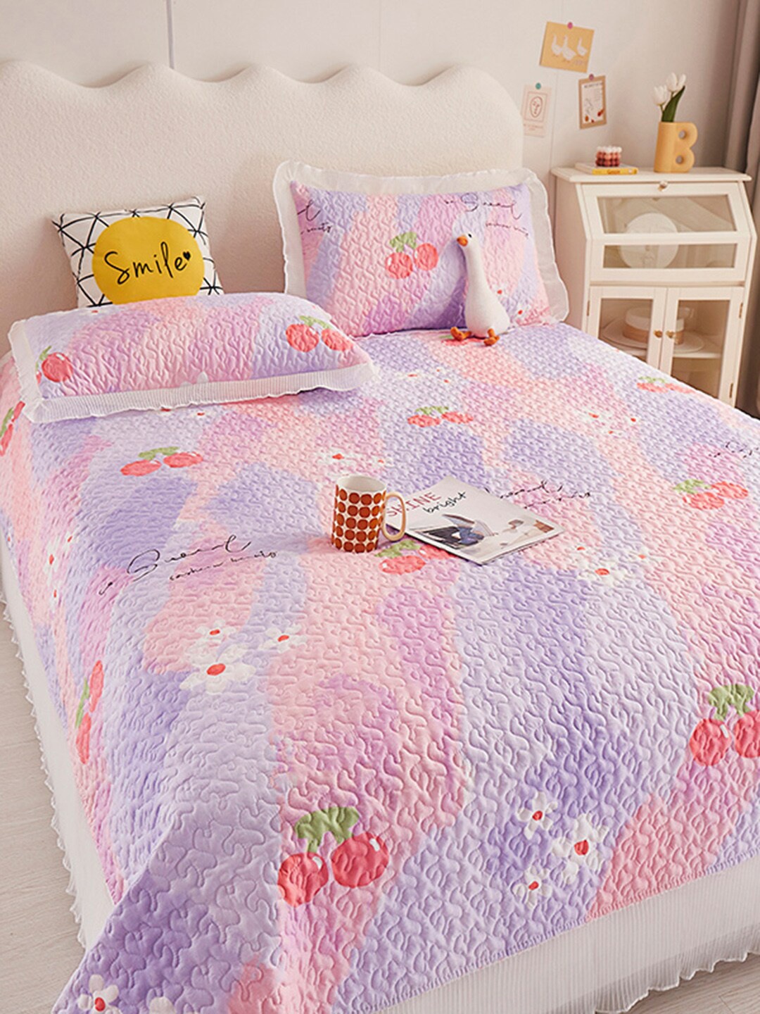 

JC Collection Purple Printed Double Queen Bed Cover With 2 Pillow Covers