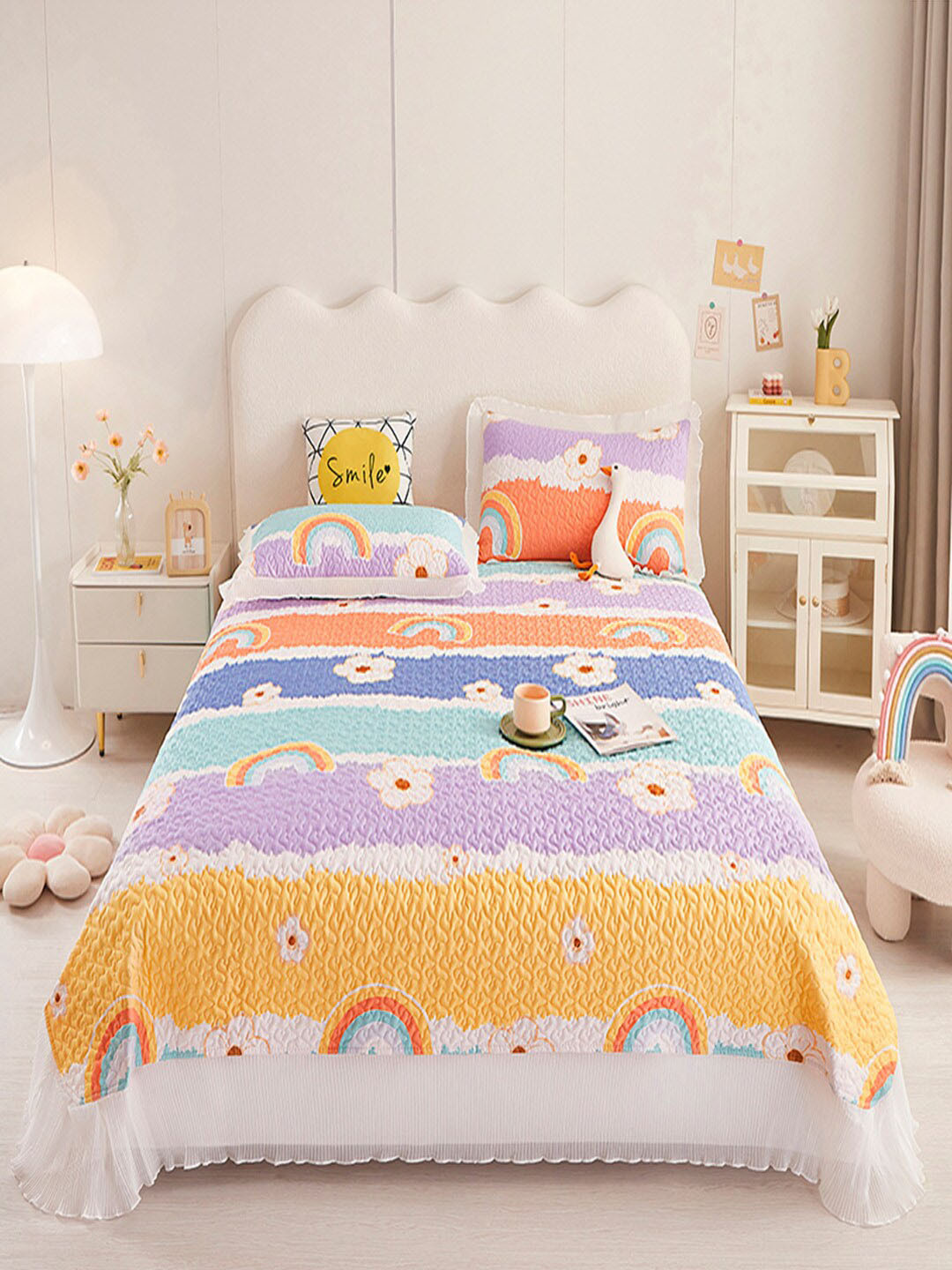 

JC Collection Yellow & Purple Printed Double XL Bed Cover With 2 Pillow Covers