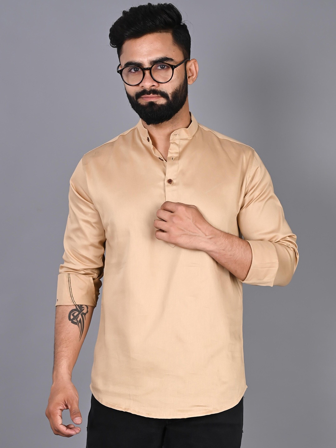 

FUBAR Band Collar Straight Short Kurta, Beige