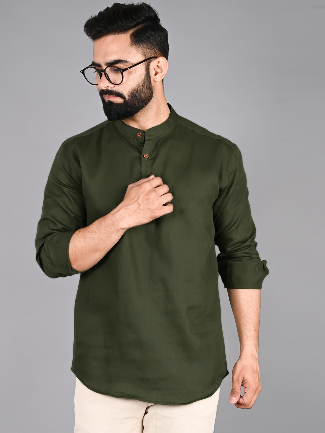 

FUBAR Band Collar Straight Short Kurta, Green