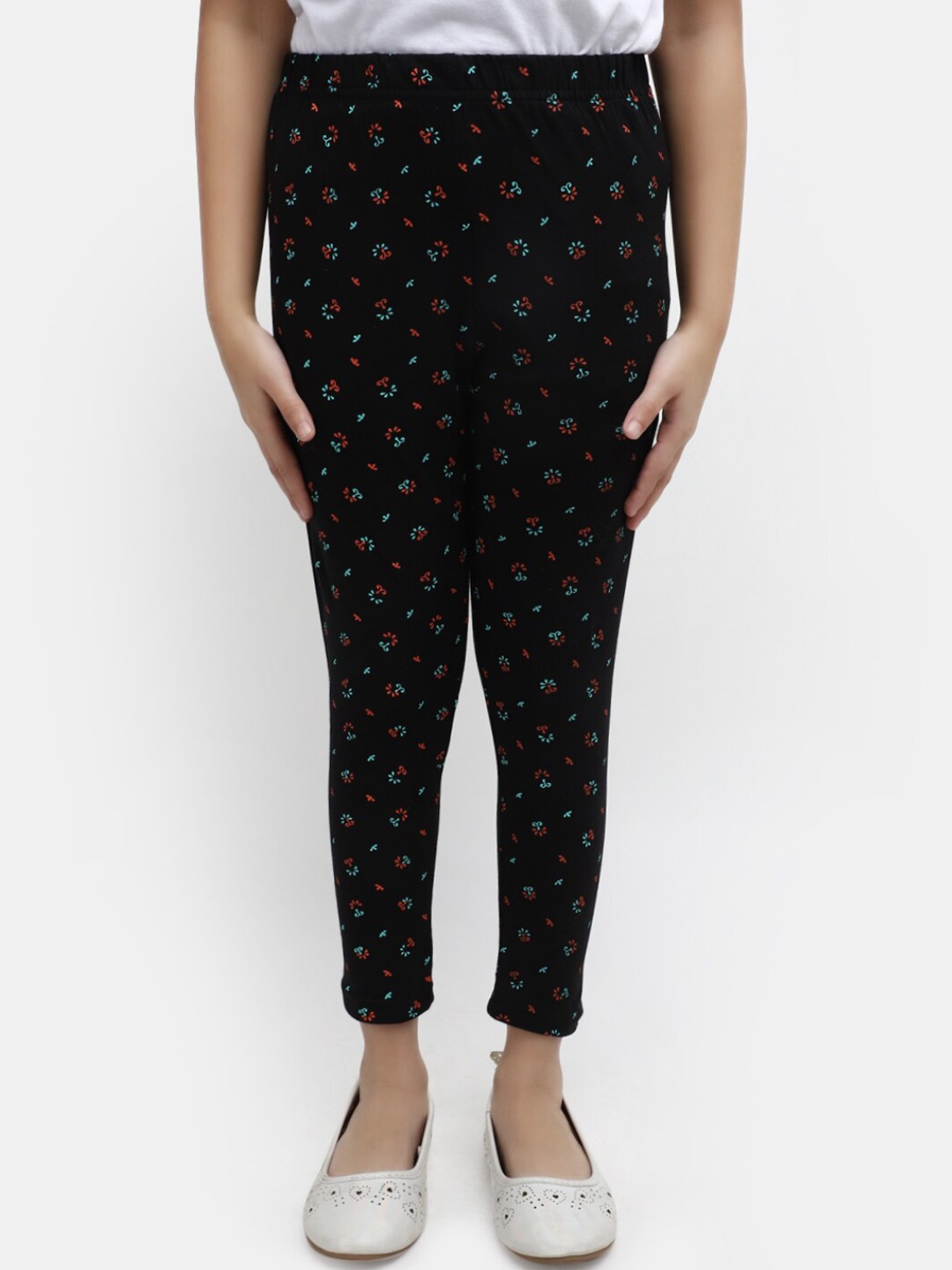 

V-Mart Girls Printed Cotton Ankle-Length Leggings, Black