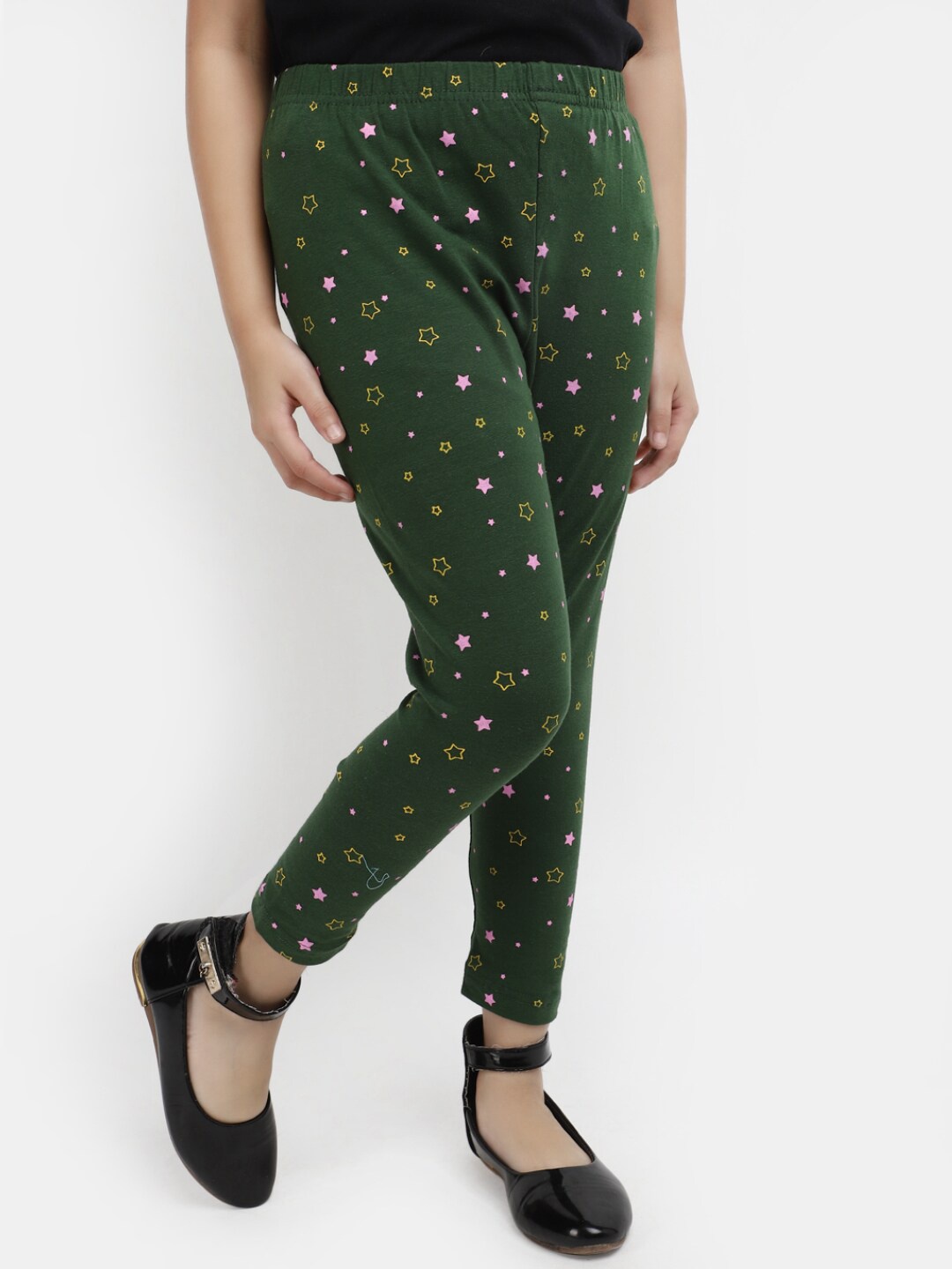 

V-Mart Girls Printed Cotton Ankle-Length Leggings, Green