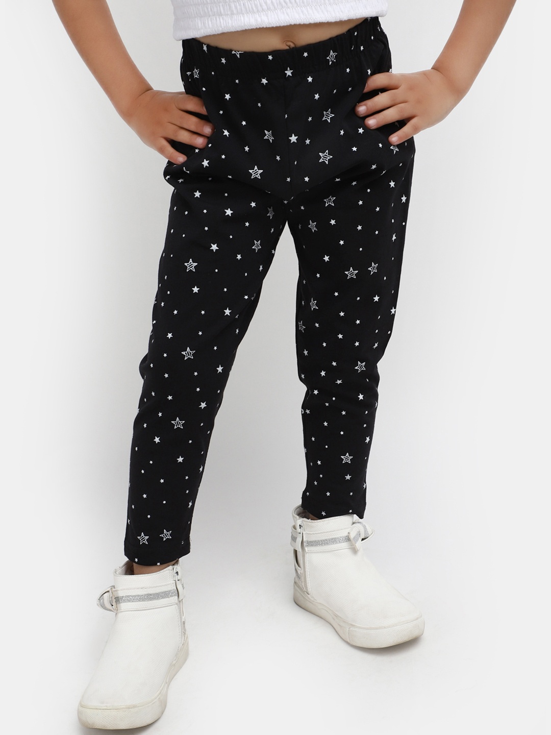 

V-Mart Girls Printed Cotton Ankle-Length Leggings, Black