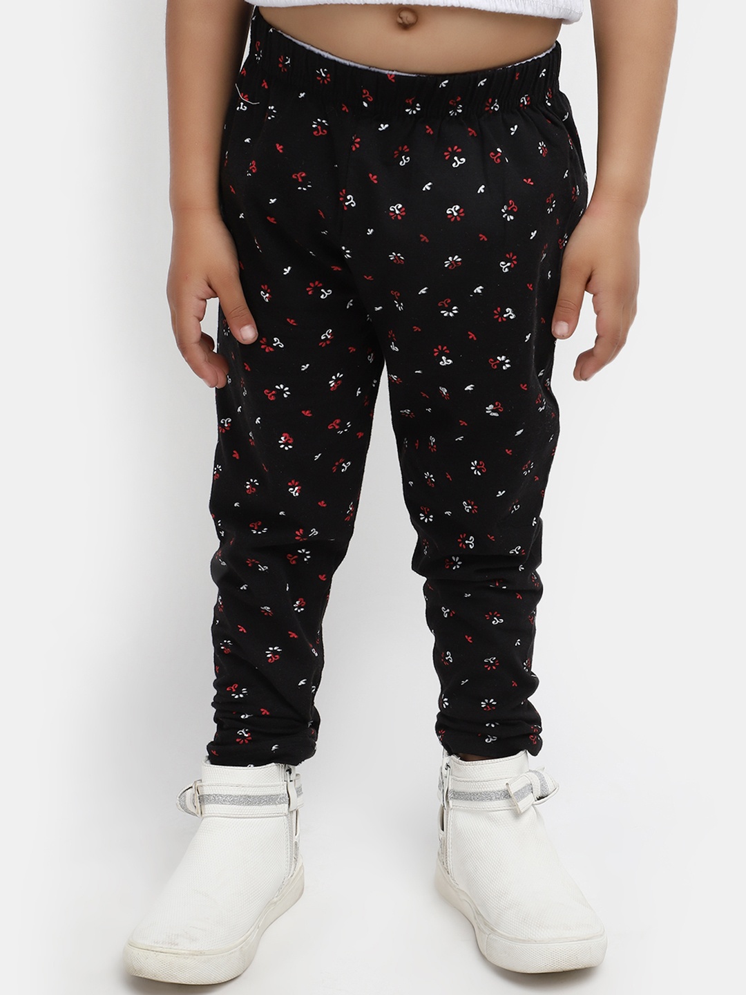 

V-Mart Girls Printed Cotton Ankle-Length Leggings, Black
