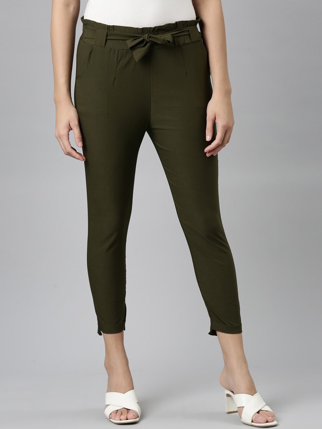 

GOLDSTROMS Women Relaxed Slim Fit High-Rise Peg Trousers, Olive