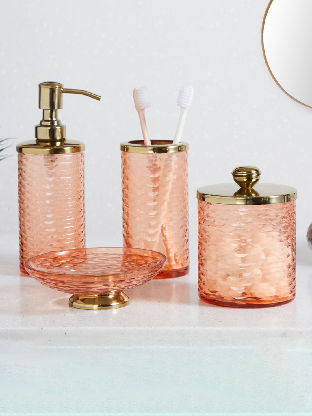 

Home Centre Panama Peach-Coloured Textured Glass Soap Dispenser 300ml
