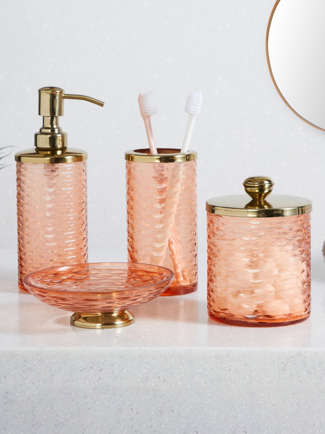 

Home Centre Panama Peach-Coloured & Gold Toned Textured Glass Cotton Jar