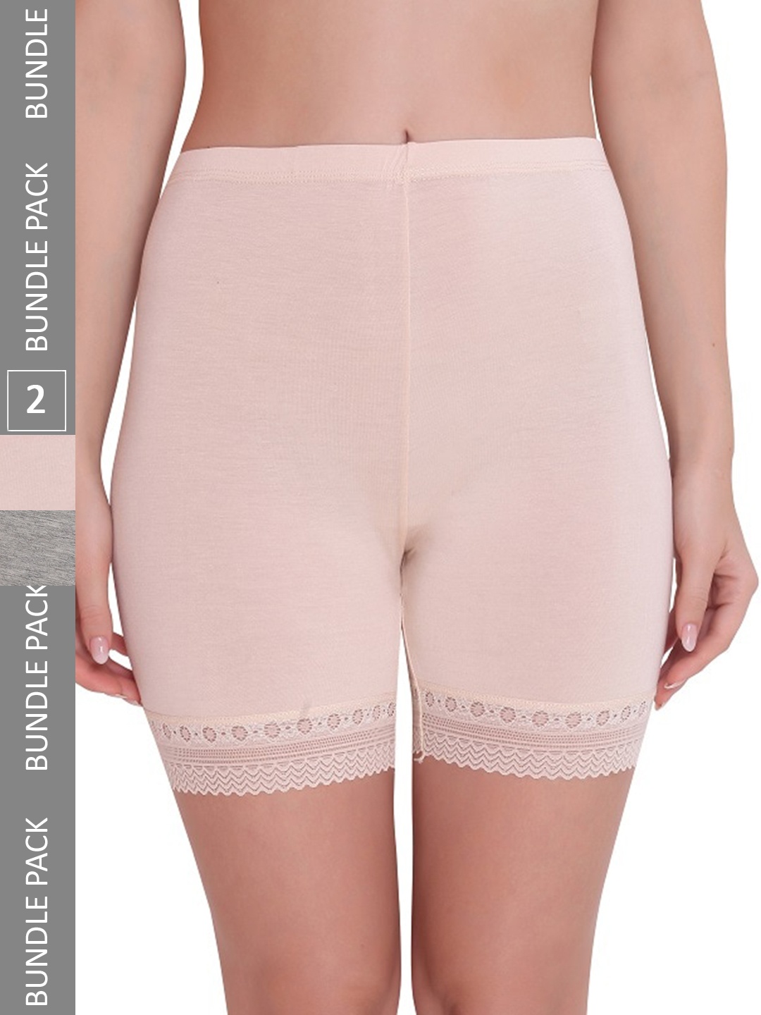 

PLUMBURY Women Pack Of 2 Mid-Rise Lace Edge Shorts, Beige
