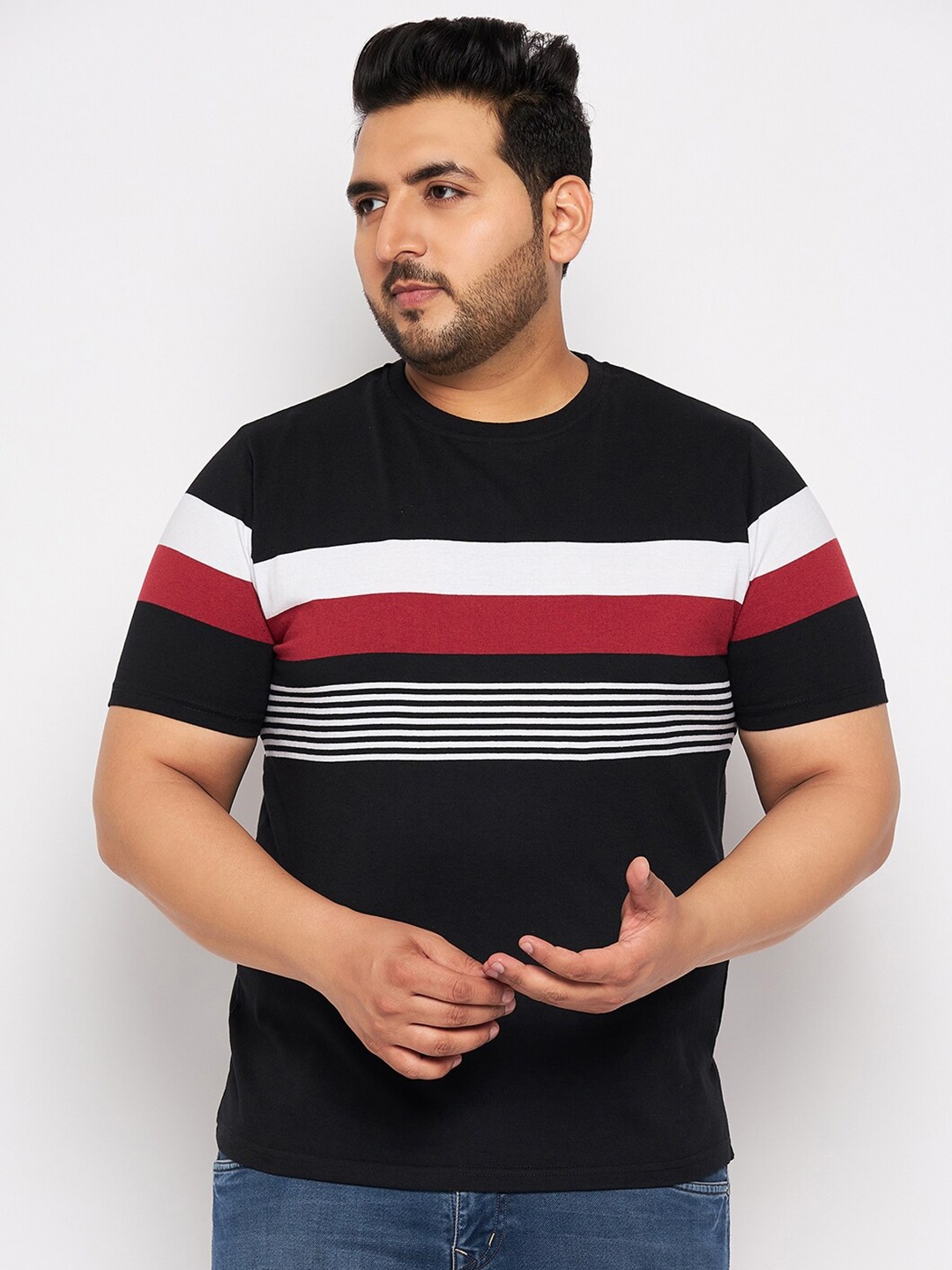 

AUSTIVO Plus Size Striped Short Sleeves T-shirt, Black