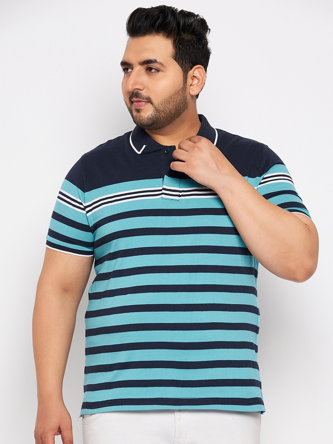 

AUSTIVO Plus Size Striped Polo Collar Short Sleeves T-shirt, Turquoise blue