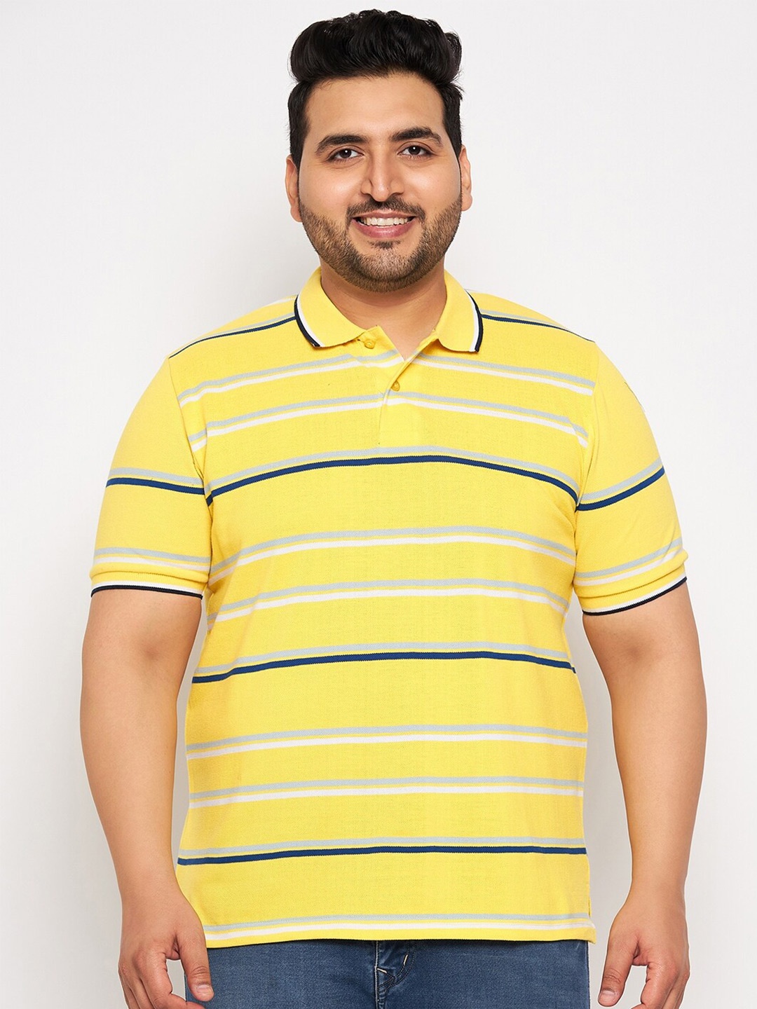 

AUSTIVO Plus Size Striped Polo Collar Short Sleeves T-shirt, Yellow