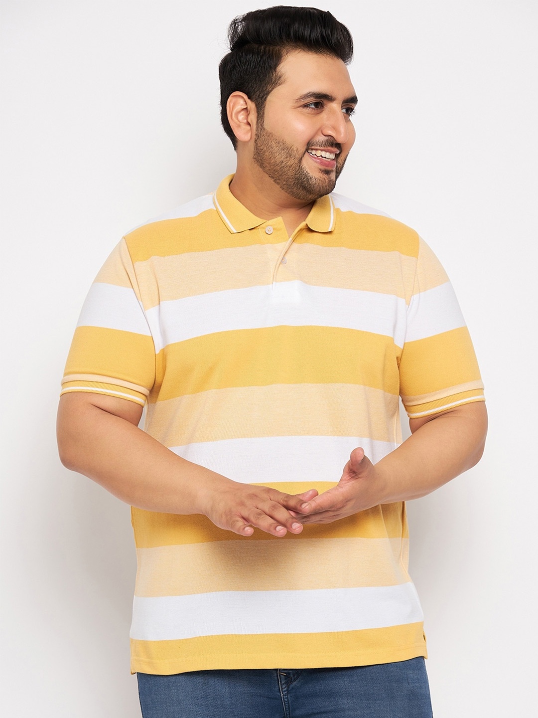 

AUSTIVO Plus Size Striped Polo Collar Short Sleeves T-shirt, Yellow