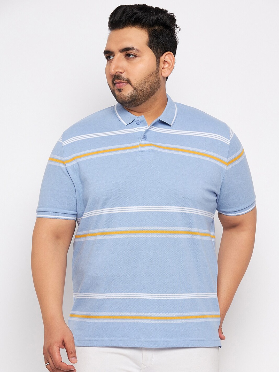

AUSTIVO Plus Size Striped Polo Collar Short Sleeves T-shirt, Blue