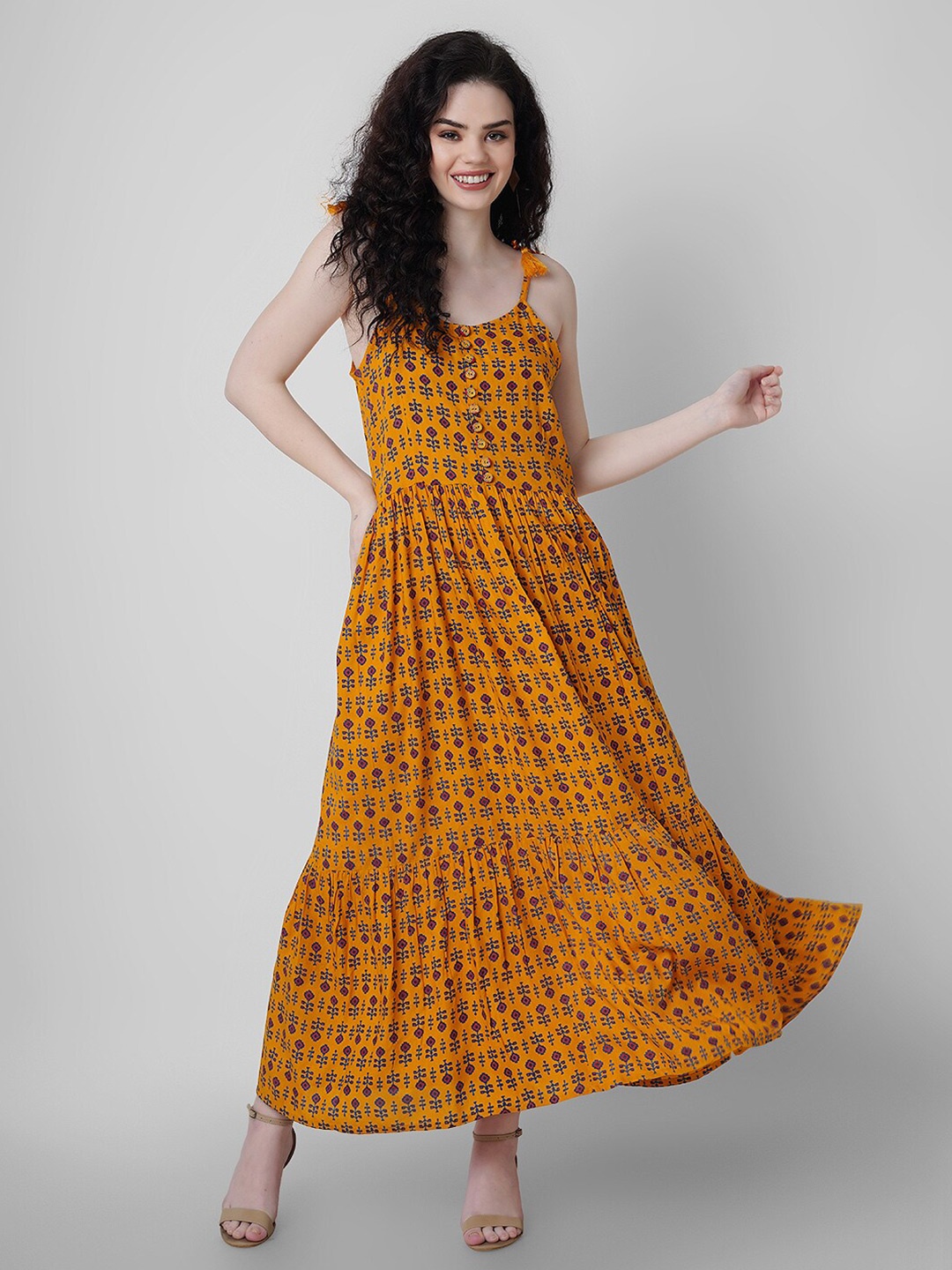 

KALINI Shoulder Straps Floral Print Maxi Dress, Mustard
