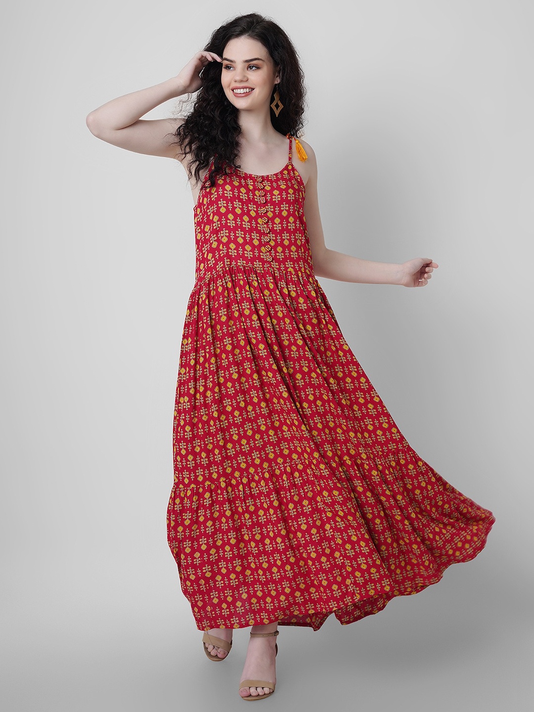

KALINI Shoulder Straps Floral Printed Maxi Fit and Flare Dress, Red