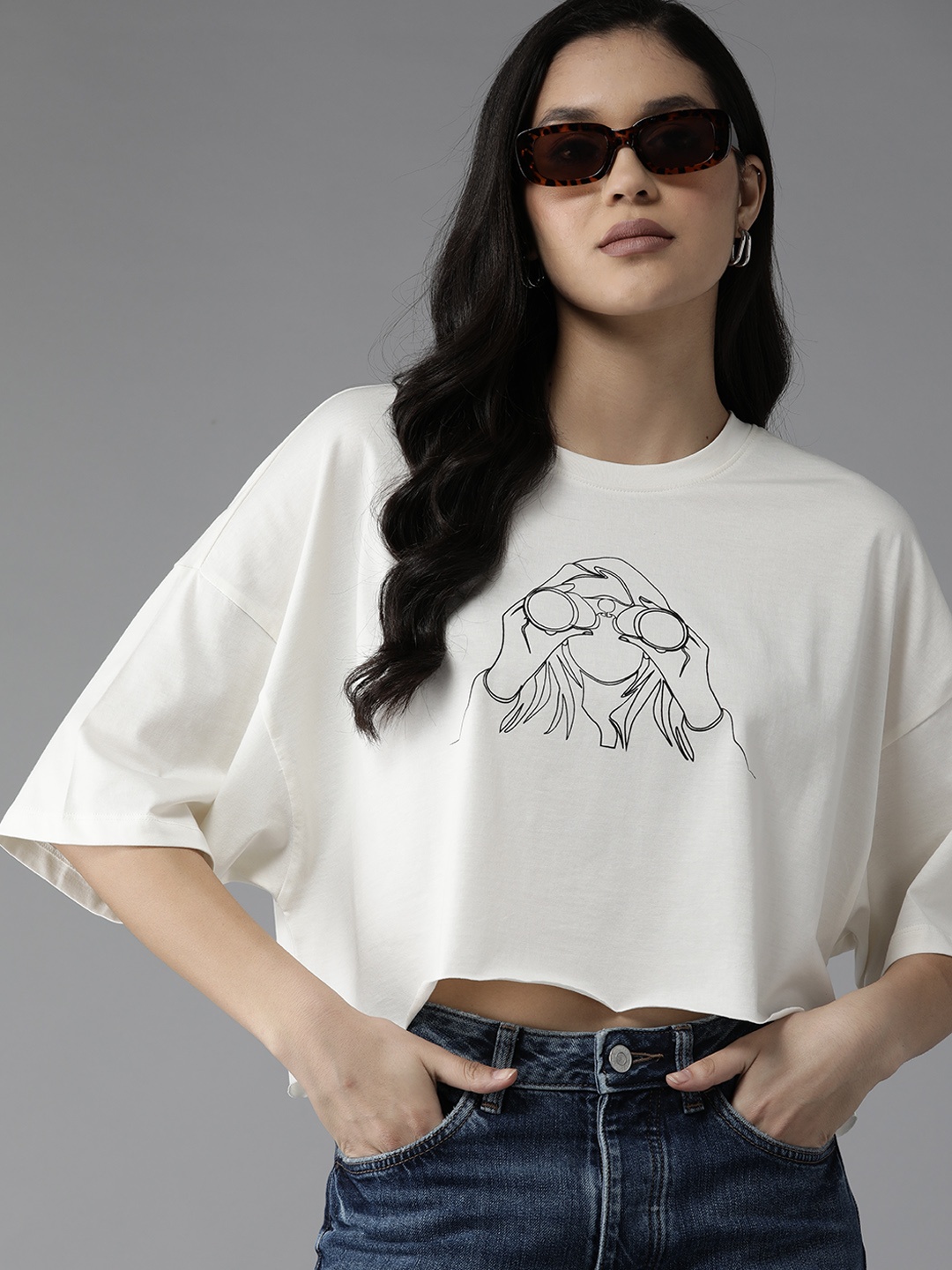 

The Roadster Lifestyle Co. Typography Printed Pure Cotton Boxy Crop T-shirt, Off white
