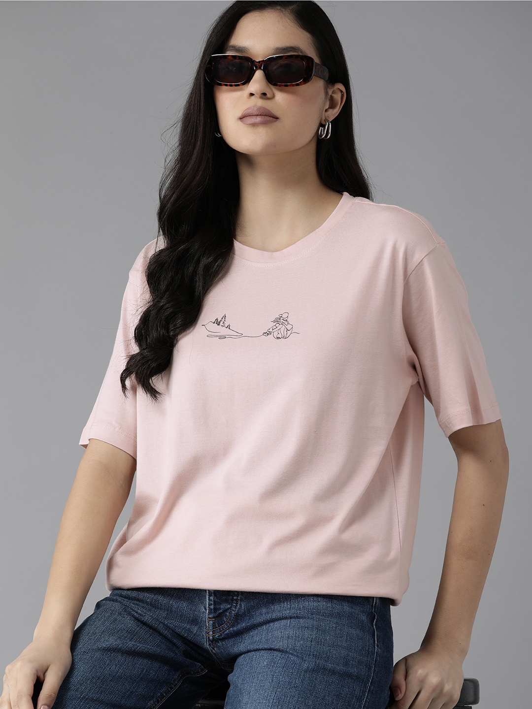

The Roadster Lifestyle Co. Printed Pure Cotton Longline T-shirt, Pink