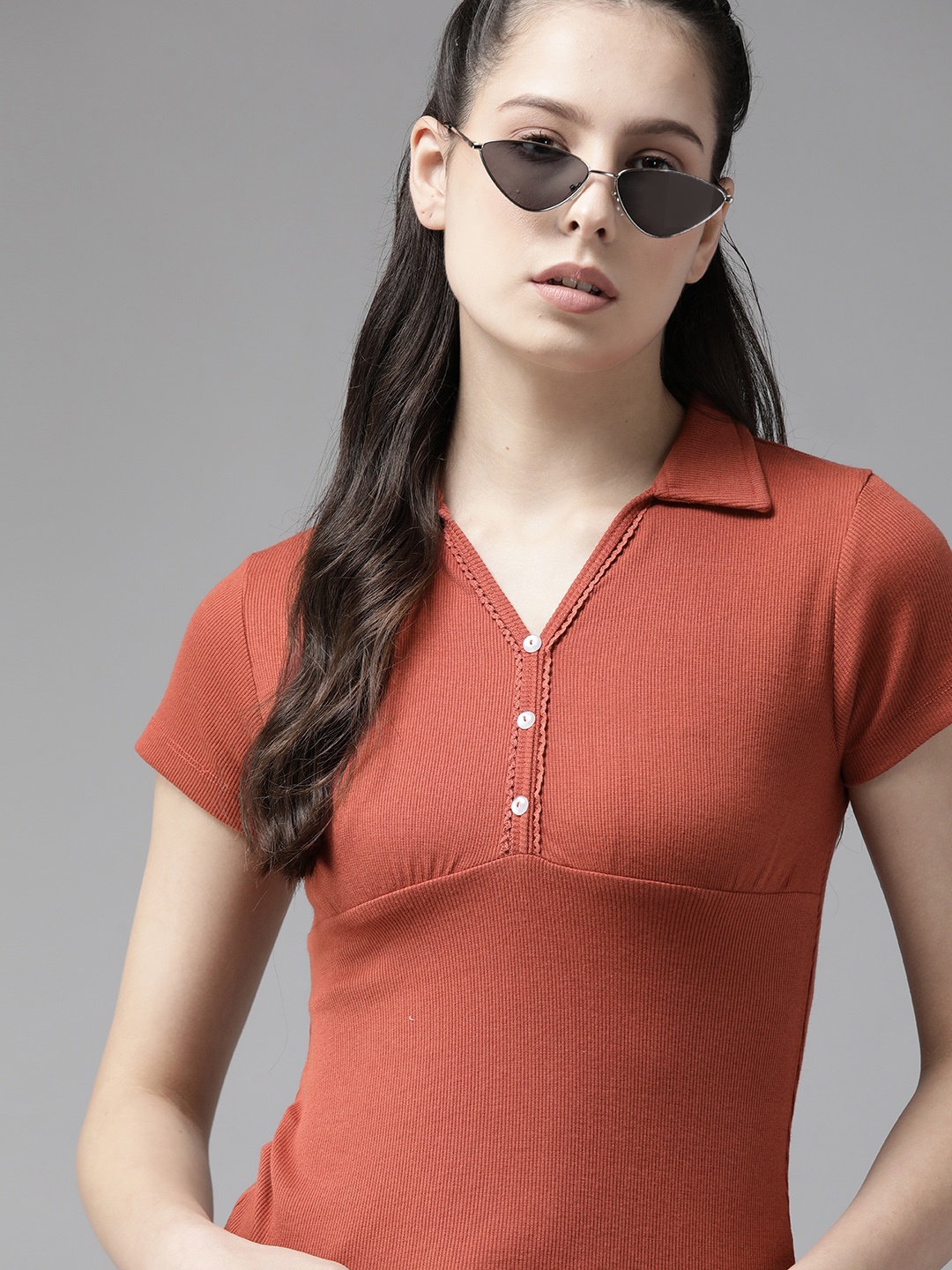 

The Roadster Lifestyle Co. Women Polo Collar T-shirt, Rust