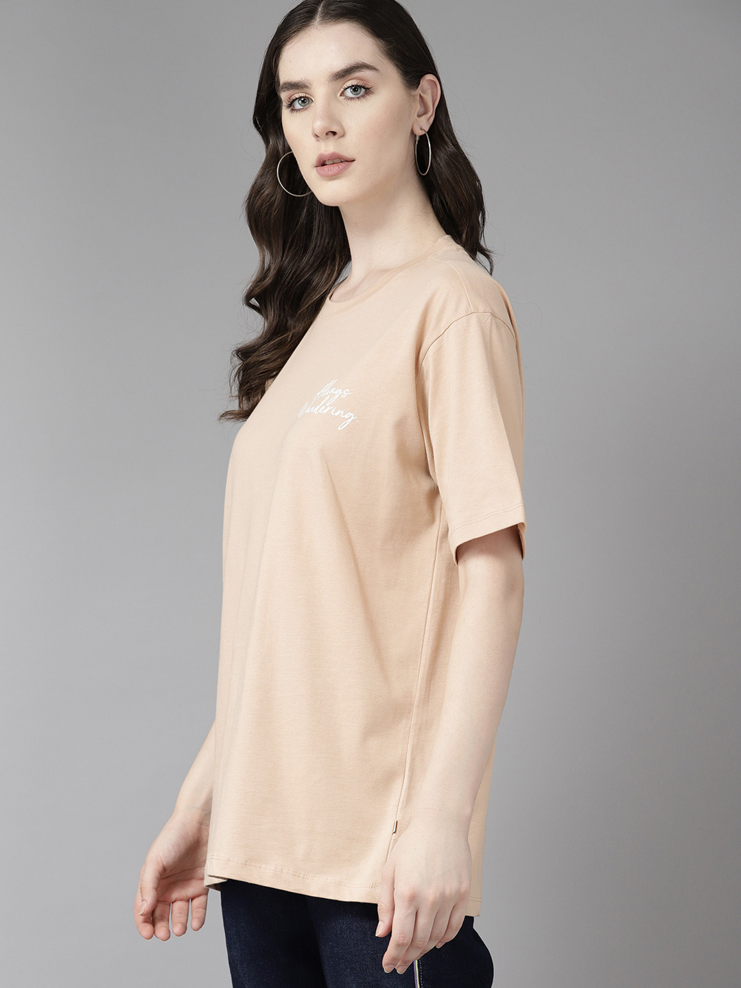 

The Roadster Lifestyle Co. Printed Detail Pure Cotton Oversize T-shirt, Beige