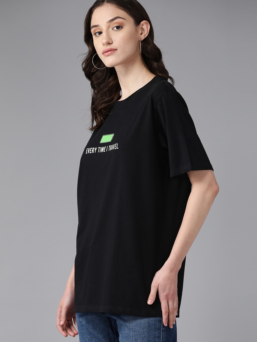 

The Roadster Lifestyle Co. Printed Drop-Shoulder Sleeves Pure Cotton Oversize T-shirt, Black