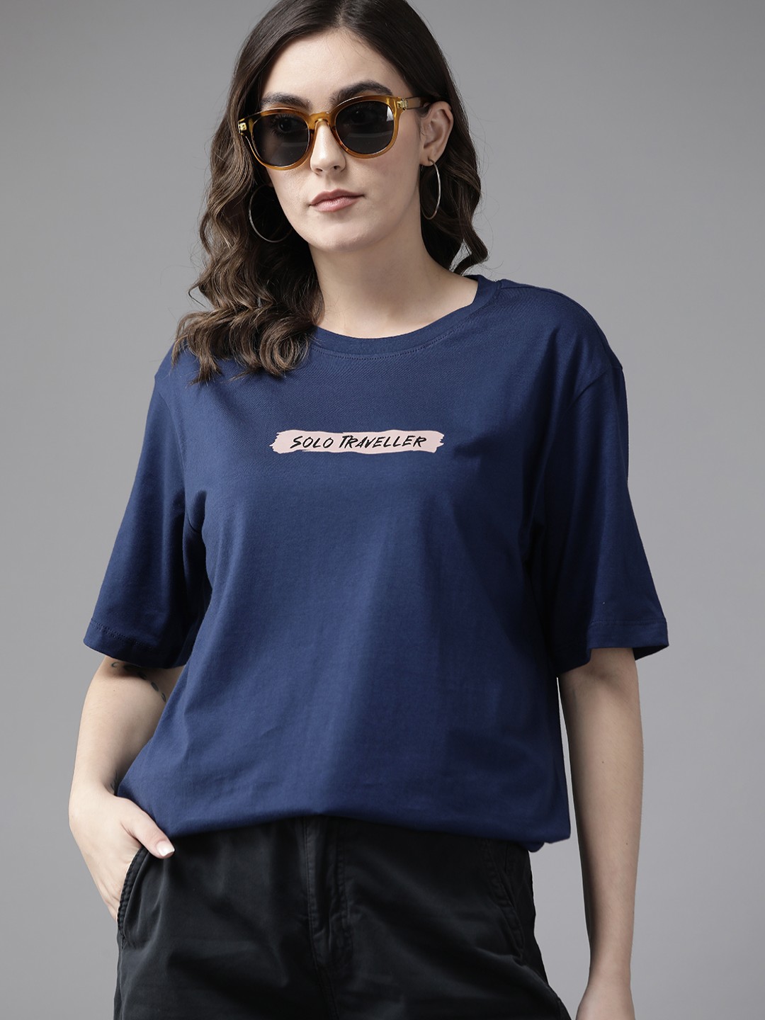 

The Roadster Lifestyle Co. Typography Printed Oversized Pure Cotton T-shirt, Navy blue