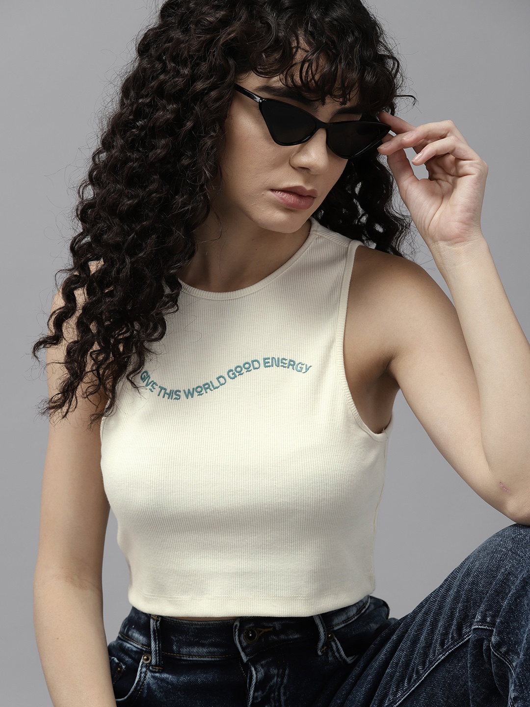 

The Roadster Lifestyle Co. Printed Cropped Tank T-shirt, Off white