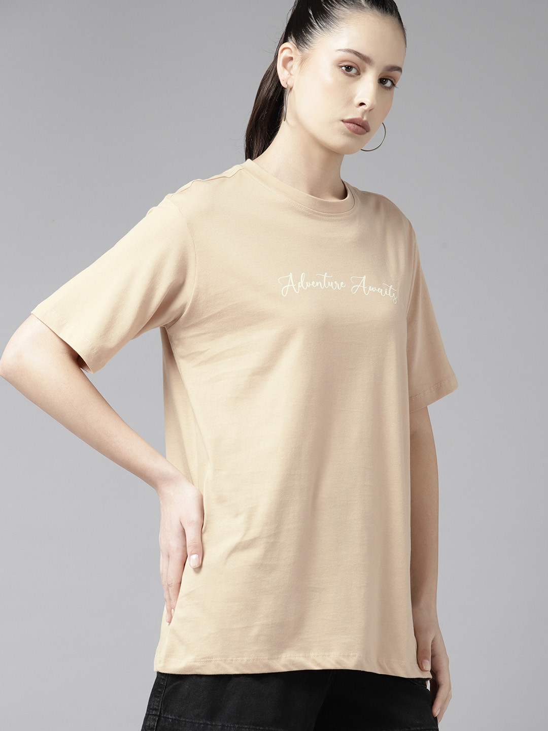 

The Roadster Lifestyle Co. Printed Detail Pure Cotton Oversized T-shirt, Beige