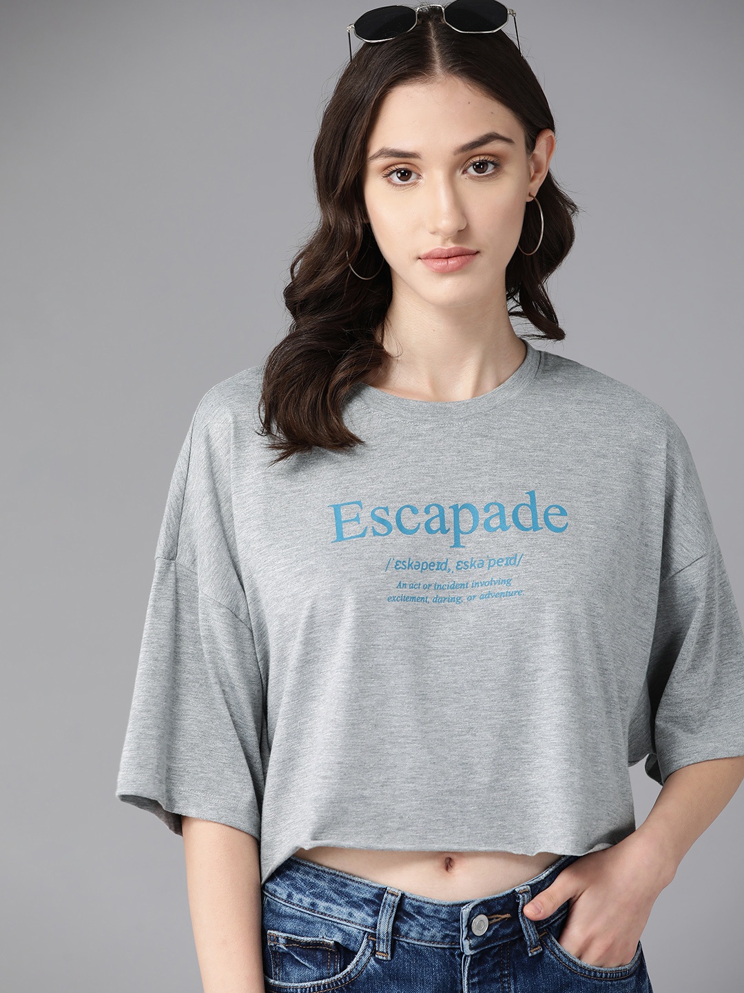 

The Roadster Lifestyle Co. Printed Drop-Shoulder Sleeves Boxy T-shirt, Grey melange
