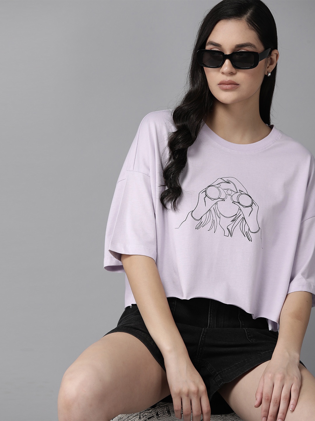 

Roadster Printed Drop-Shoulder Sleeves Pure Cotton Raw Edge Boxy T-shirt, Lavender