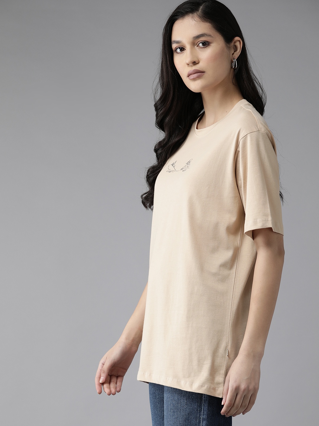 

The Roadster Lifestyle Co. Printed Pure Cotton Longline T-shirt, Beige