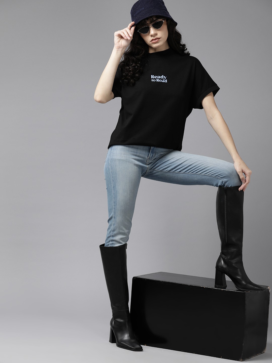 

The Roadster Lifestyle Co. Printed High Neck Extended Sleeves Pure Cotton T-shirt, Black