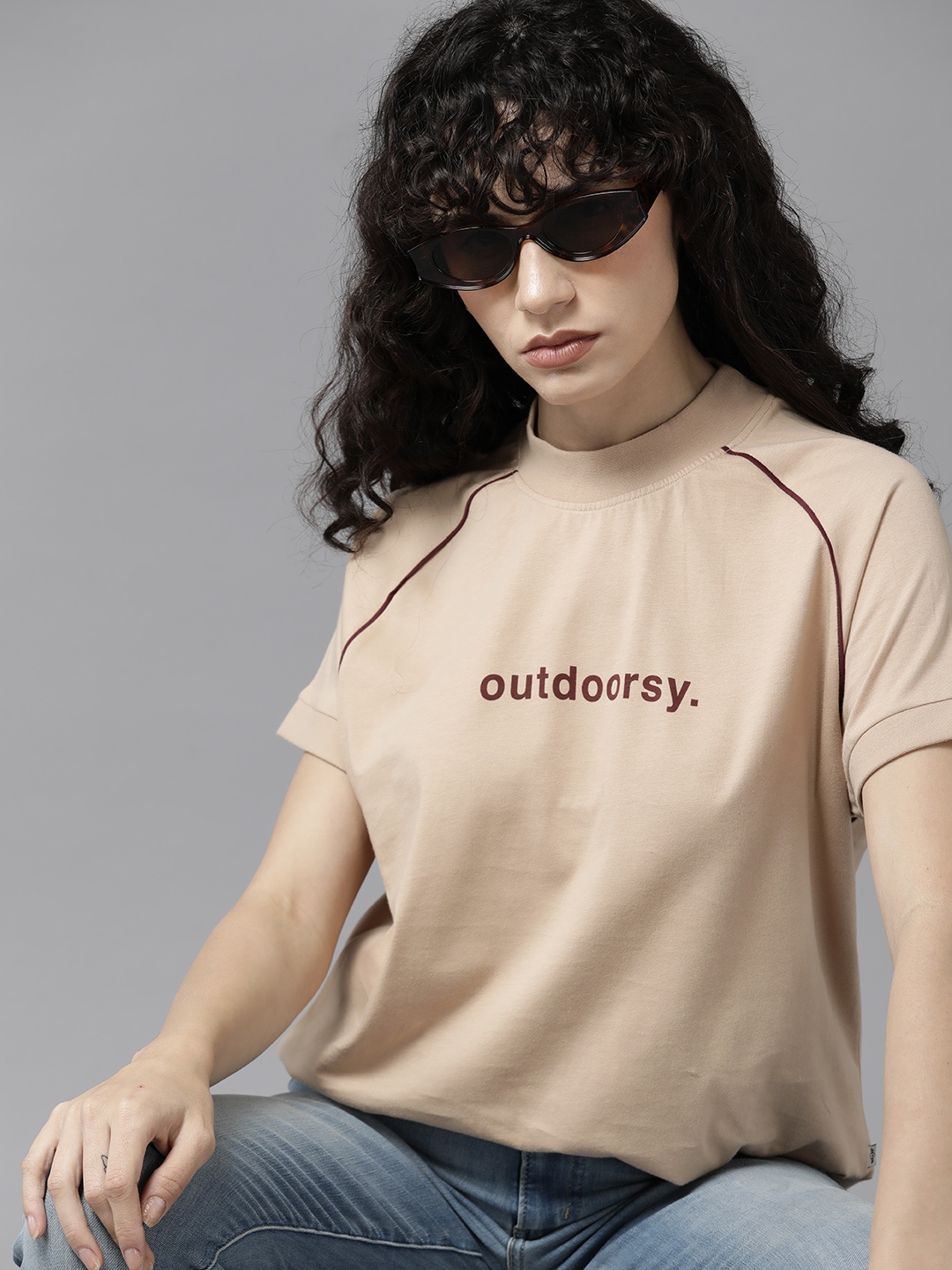 

The Roadster Lifestyle Co. Typography Printed High Neck Pure Cotton T-shirt, Beige
