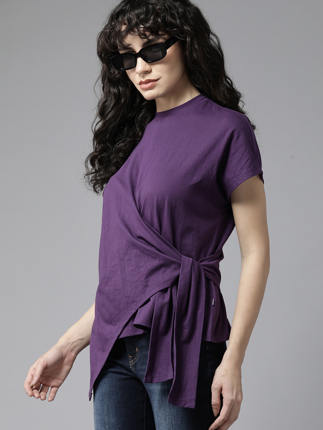 

The Roadster Lifestyle Co. Tie-Up Detail Extended Sleeves T-shirt, Purple