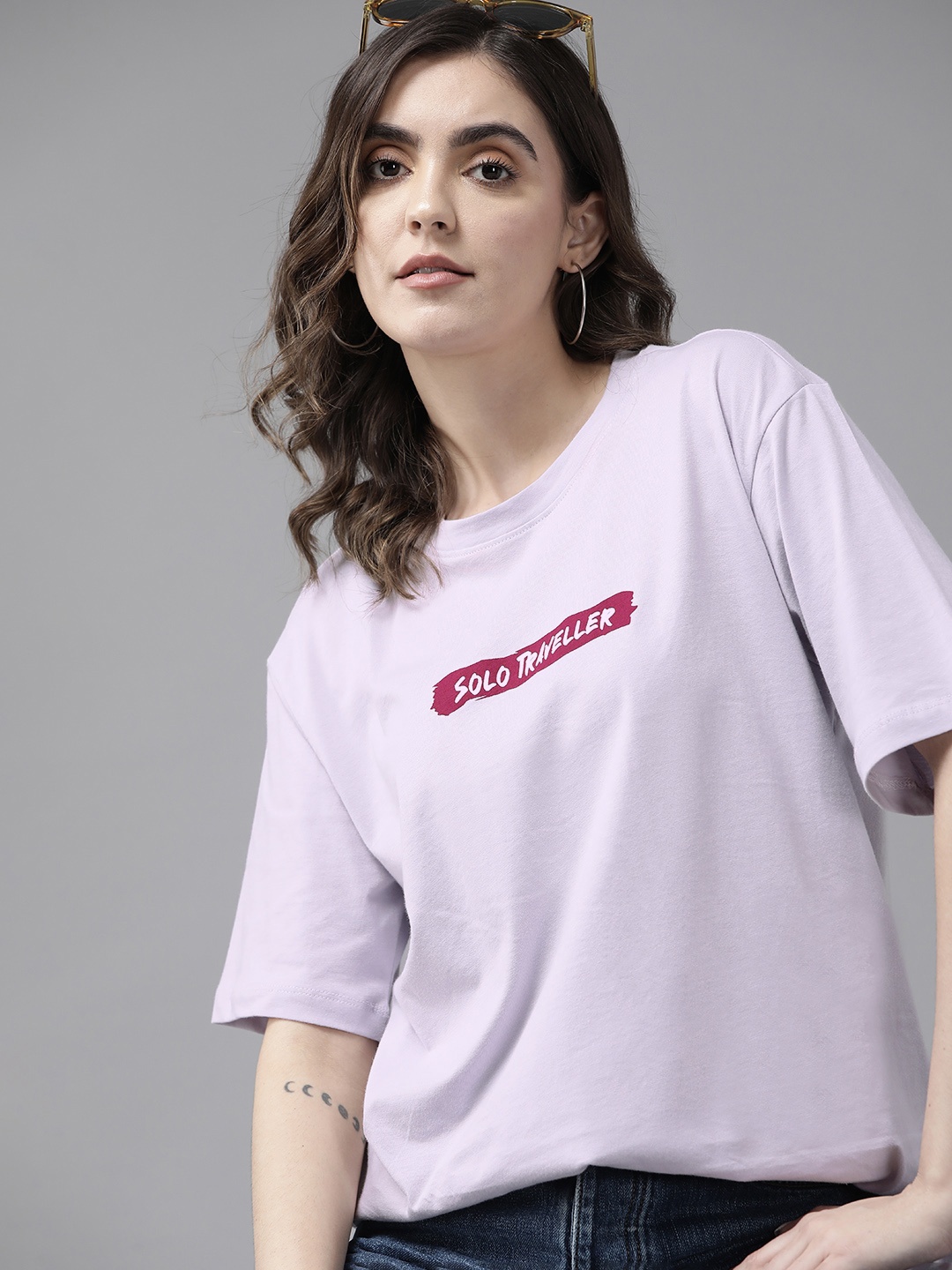 

The Roadster Lifestyle Co. Typography Printed Oversized Pure Cotton T-shirt, Lavender