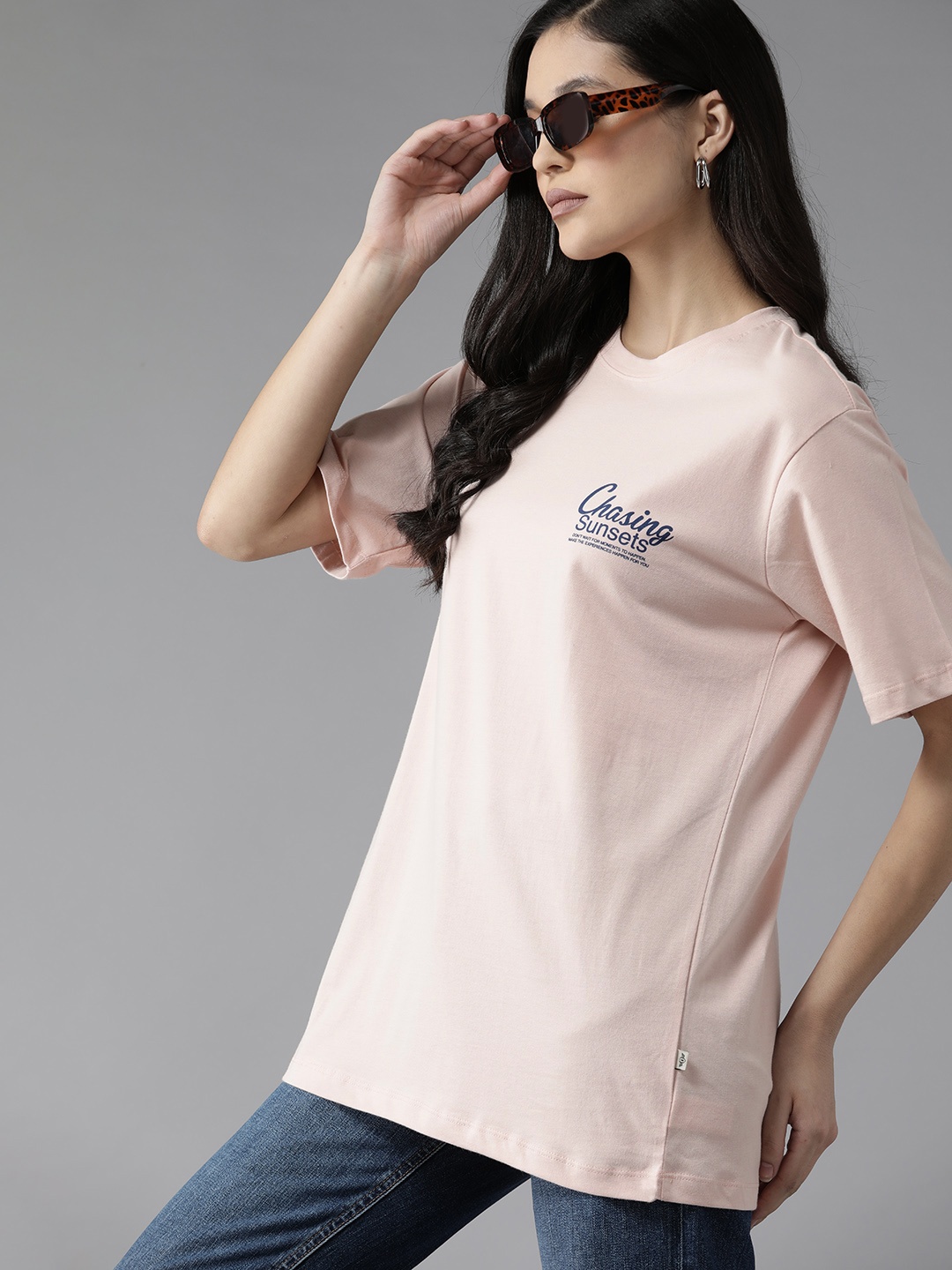 

The Roadster Lifestyle Co. Typography Printed Pure Cotton Longline T-shirt, Peach