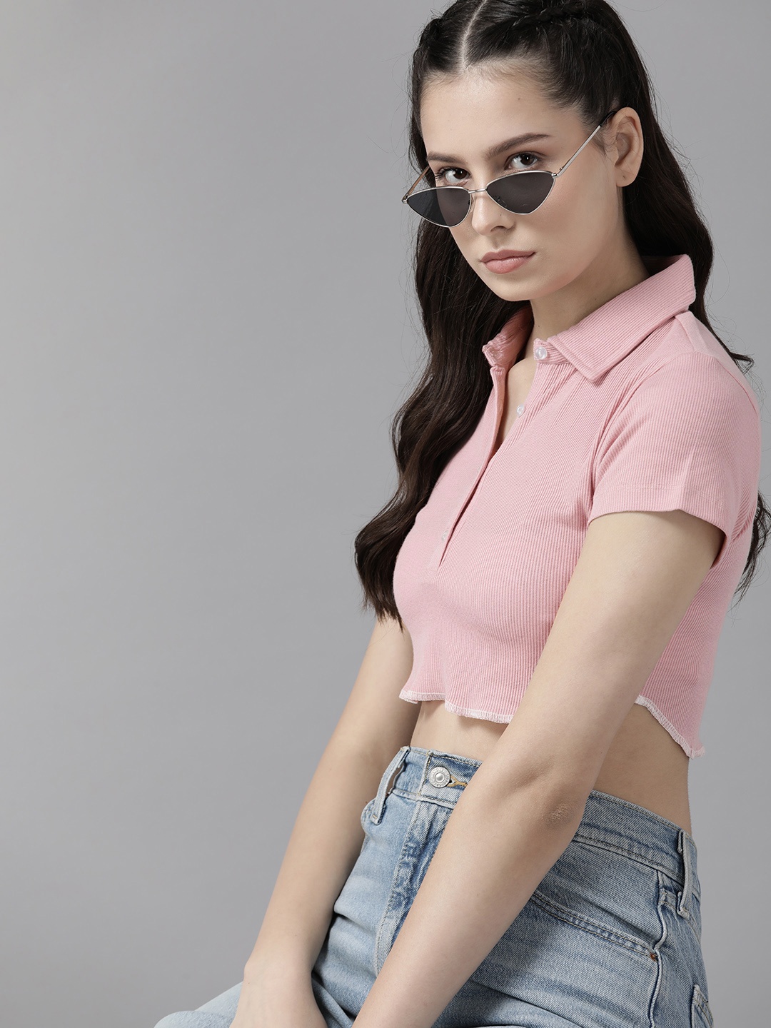 

The Roadster Lifestyle Co. Ribbed Cropped Polo Collar T-shirt, Pink