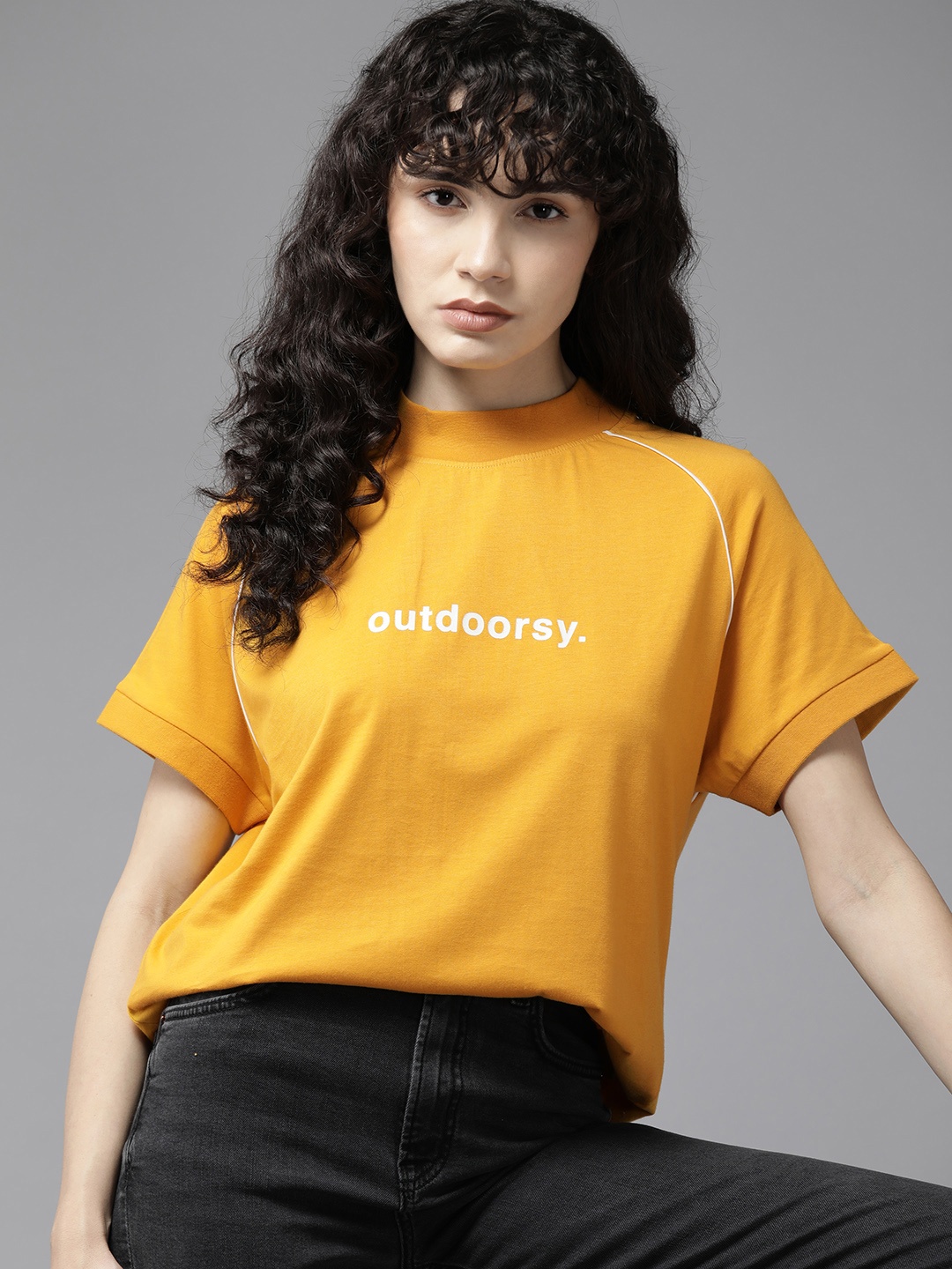 

The Roadster Lifestyle Co. Typography Printed High Neck Pure Cotton T-shirt, Mustard