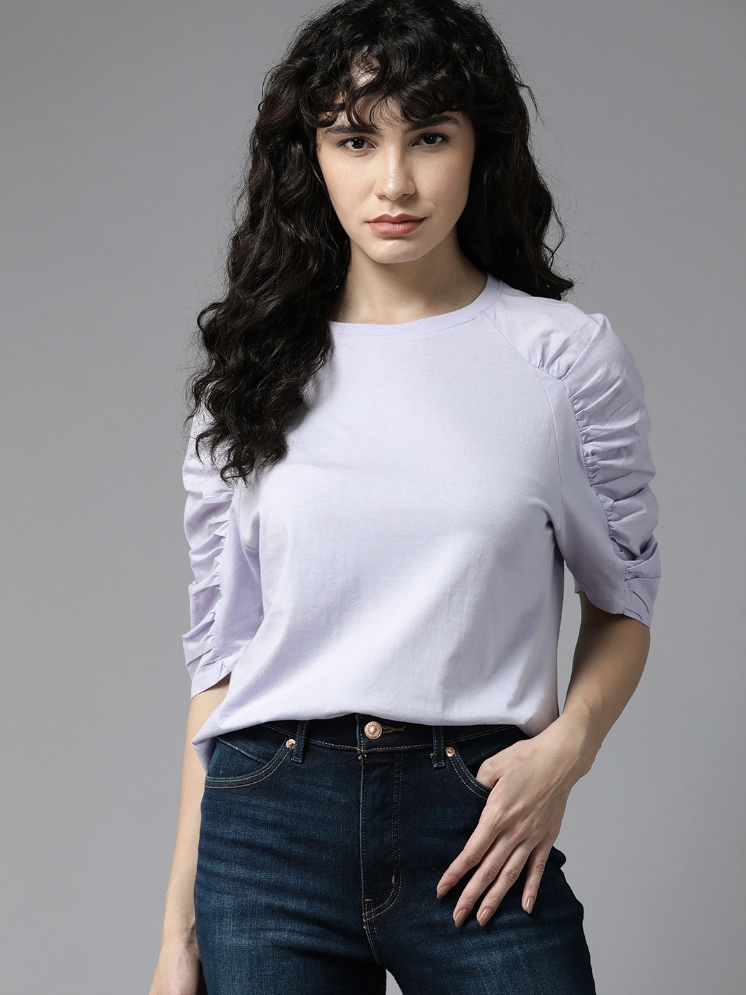 

The Roadster Lifestyle Co. Poplin Ruched Sleeves T-shirt, Lavender