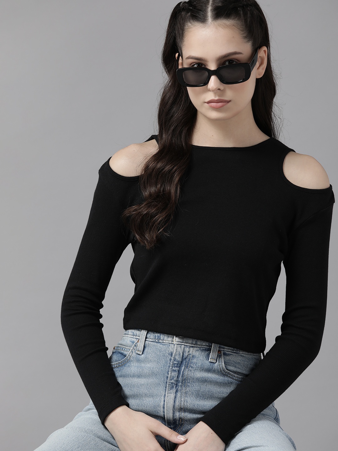 

The Roadster Lifestyle Co. Cold-Shoulder Ribbed T-shirt, Black