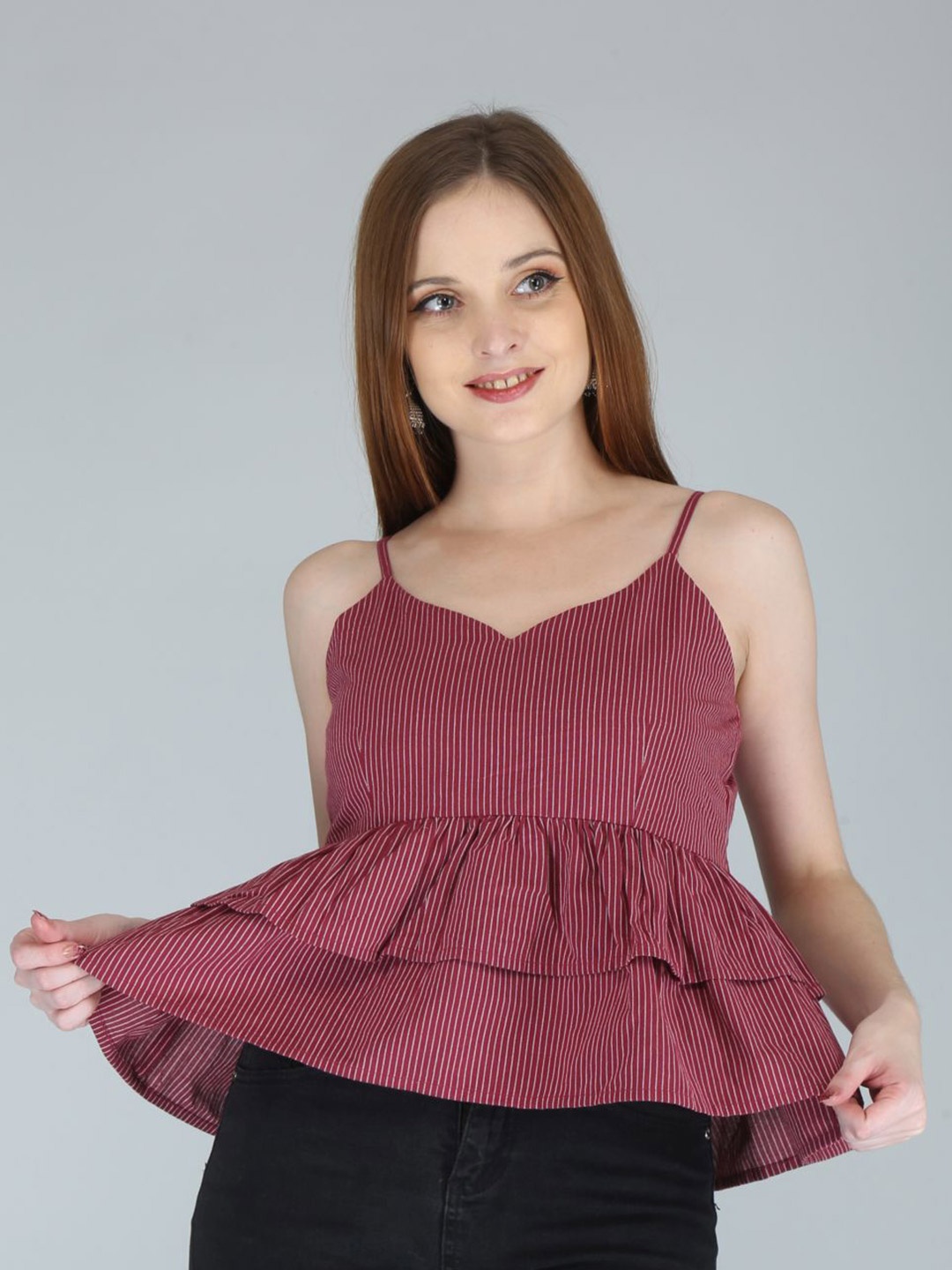 

HERE&NOW Maroon Sleeveless Layered Striped Cotton Top