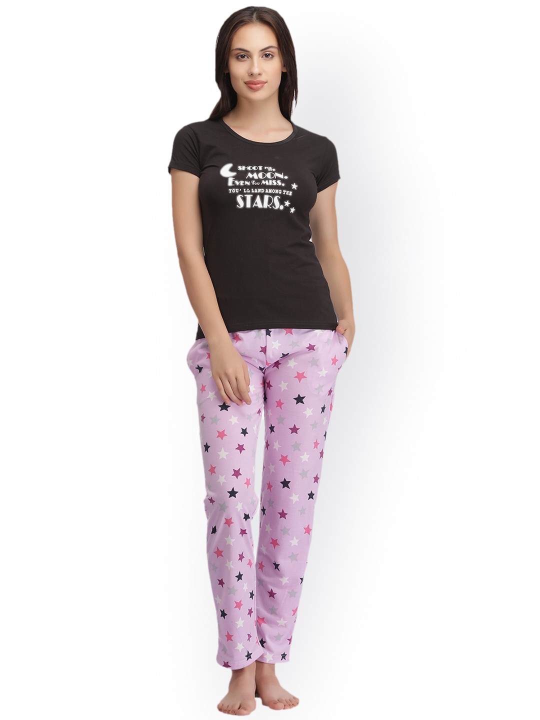 

Clovia Black & Lavender Printed Lounge Set