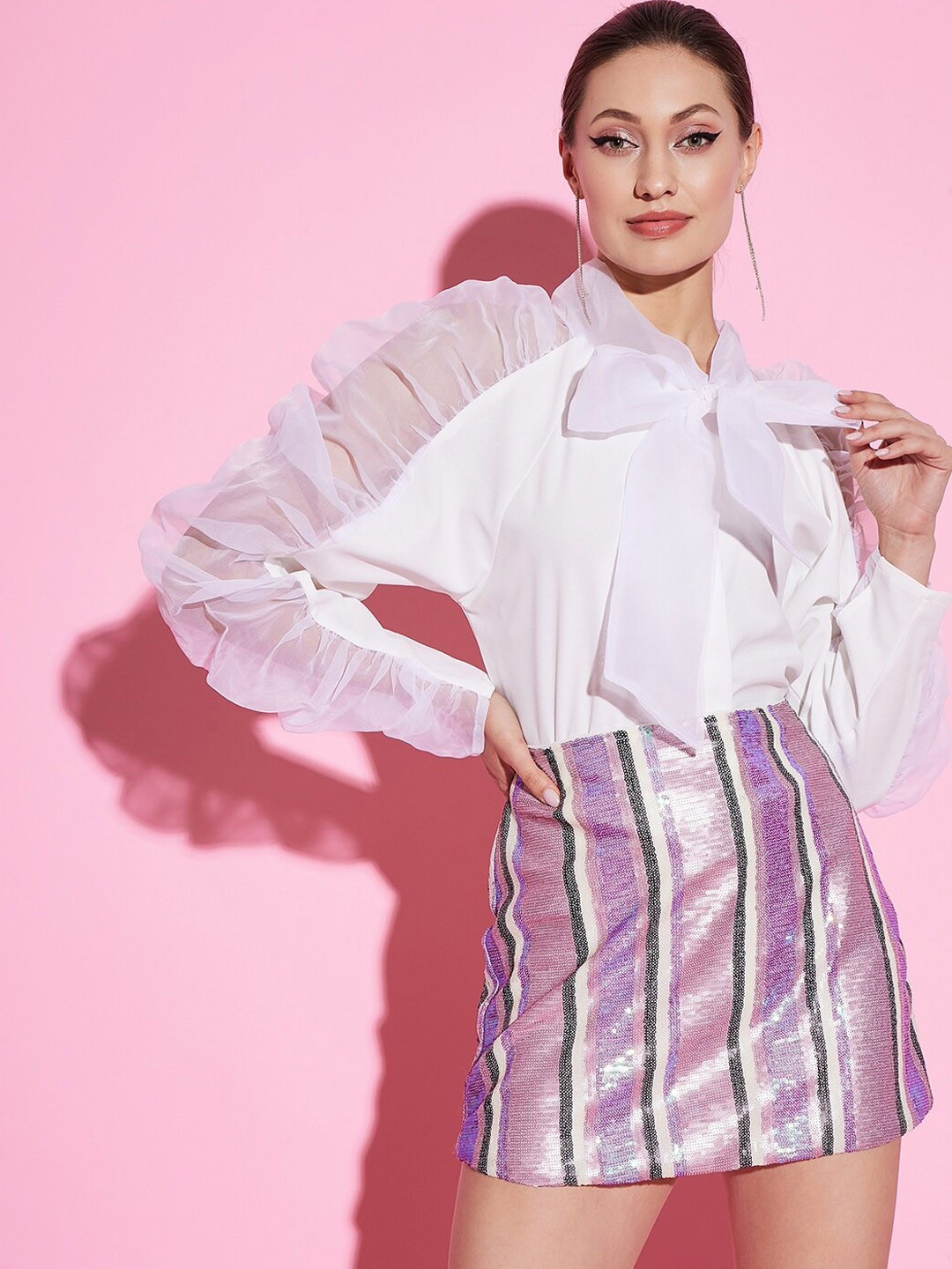 

Athena Tie-Up Neck Sequin Embellished Organza Top With Skirt Co-Ords, White